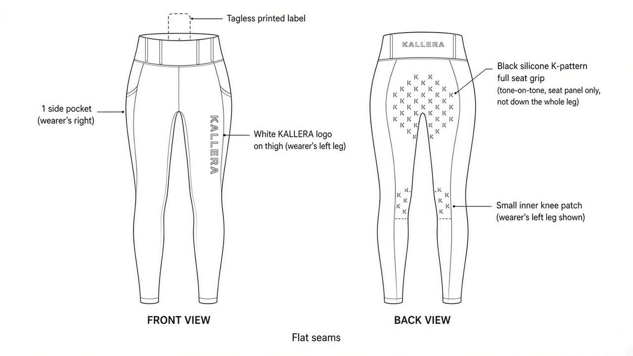 Design sketch of the Kallera black full-seat riding leggings, front and back view, showing the K-pattern silicone grip, white Kallera logo on the left thigh and one pocket on the right hip